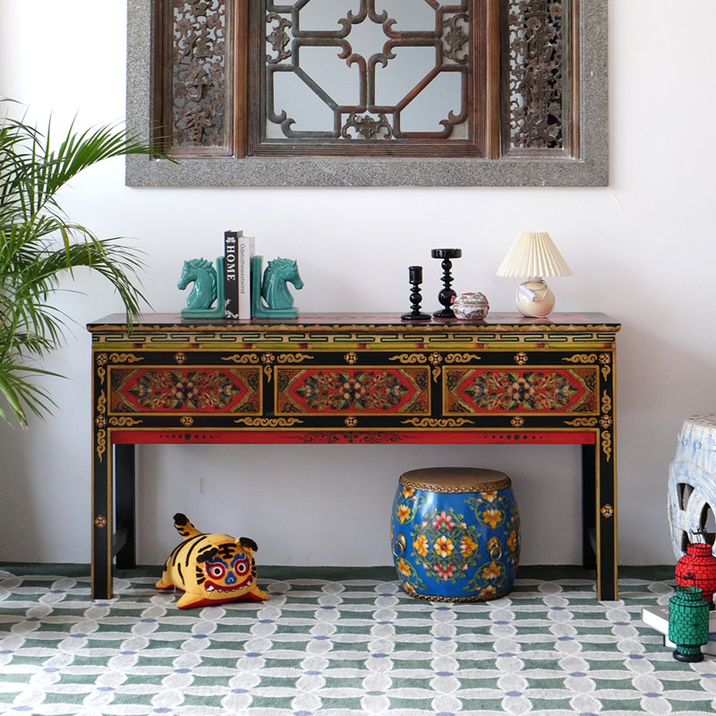 藏式手绘家具实木玄关柜新中式彩绘玄关条案间厅柜国风门厅装饰柜