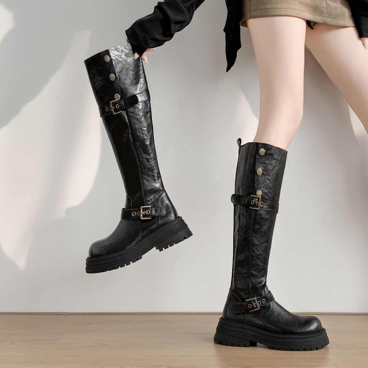 冬雅丹风长靴女胖mm粗腿大筒围骑士靴高筒不过膝长筒靴大码女靴子