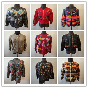 B9vintage古着羊毛钩花外套女秋冬款 上衣 复古宽松慵懒风针织衫