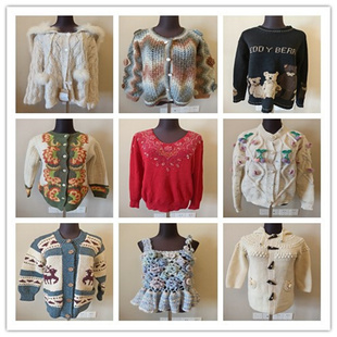 A37vintage古着毛衣女开衫宽松百搭复古慵懒风刺绣花朵上衣