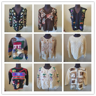 B38vintage古着毛衣女秋冬小众开衫 外套复古百搭提花刺绣慵懒风