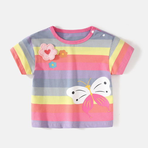 特价撤柜童装女童短袖t恤夏季衣服卡通彩虹花朵蝴蝶上衣 T5290x
