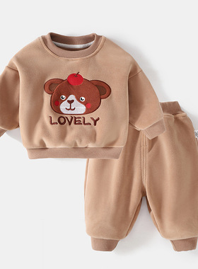 特价撤柜童装秋冬宝宝加绒保暖两件套T2412Z卡通动物奥利绒套装