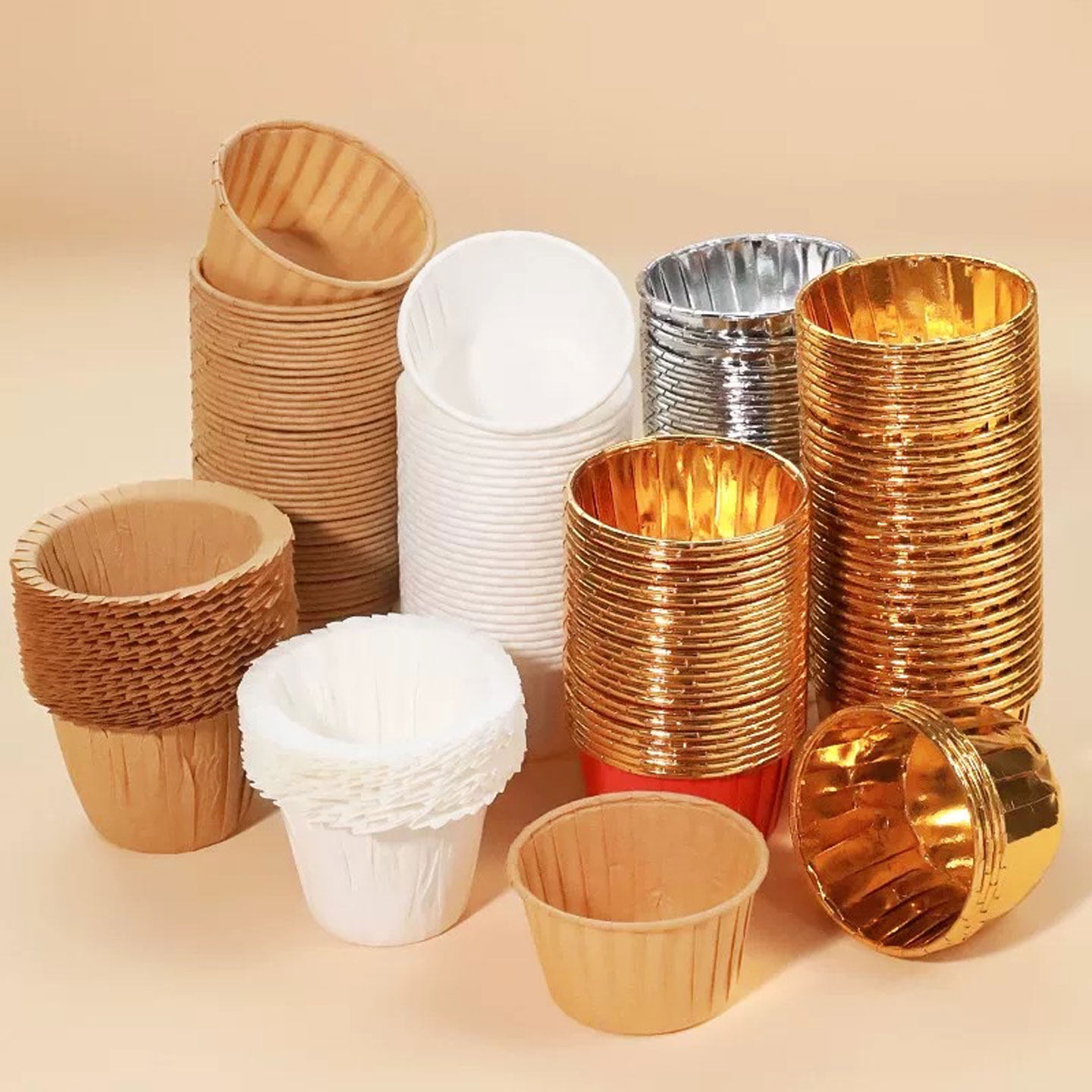 金色银色中号卷边翻边折叠烘焙杯子耐烤杯耐高温杯蛋糕纸杯50只