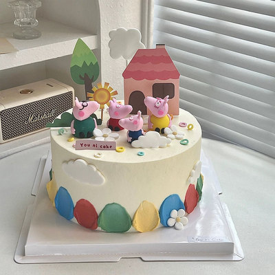 网红软陶小猪蛋糕装饰摆件田园房子插件佩奇一家四口儿童生日插牌