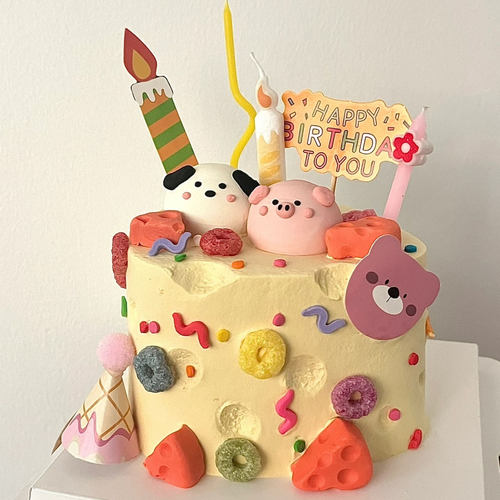 网红卡通可爱小猪小狗蛋糕装饰摆件奶酪生日蜡烛HB彩旗插牌插件