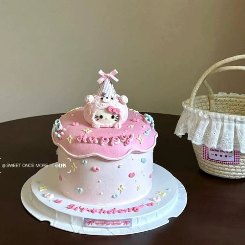 网红粉色蝴蝶结小猫生日蛋糕装饰小熊帽KT猫女孩甜品装扮摆件插件