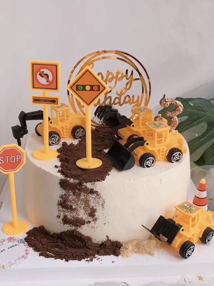 蛋糕装饰品摆件挖掘机推土机男孩吊车工程车路障生日烘焙插件包邮