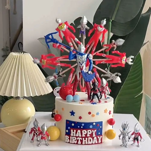 网红奥特曼生日蛋糕装饰超人打怪兽电动旋转摩天轮拿武器机甲摆件