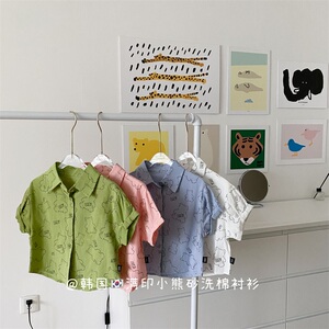 儿童衬衫纯棉春秋童装小童春款短袖男孩棉麻男童上衣女童宝宝衬衣