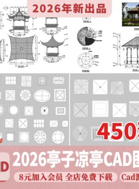 亭子景观亭凉亭详图大样图中式防腐木四六角木亭茅草亭CAD施工图