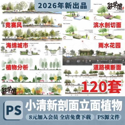 园林景观剖面图立面图psd竞赛风滨水植物道路横断面图psd分层素材