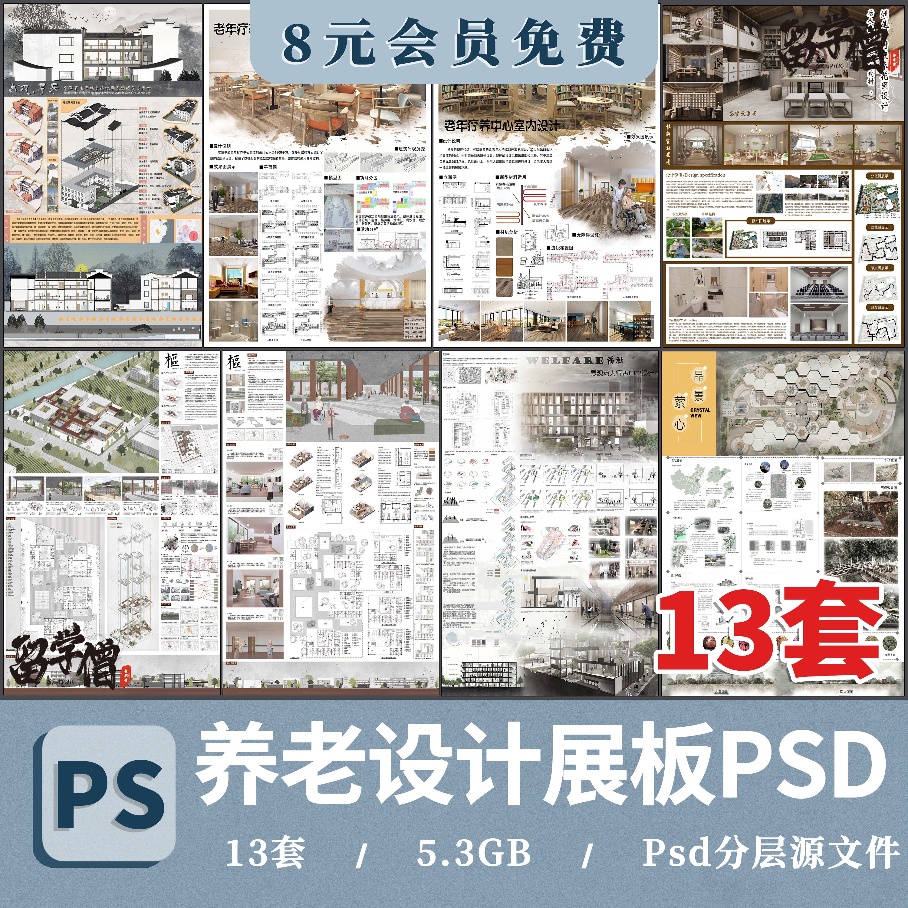 养老院室内设计建筑ps康养景观适老年疗养PSD展板分析图A01模板
