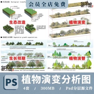 公园景观植物演变分析图PS植物生长预计自然修复演替psd免扣素材