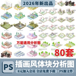 小清新插画风小场景空间模块psd分析图场地景观轴测图配景ps素材