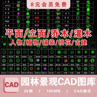 园林景观设计CAD植物图块人物平面立面铺装拼花施工图库图例素材