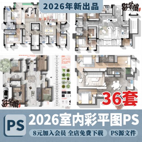 家装别墅大平层室内设计样板间户型平面布置PSD彩平图PS分层素材