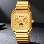 时刻美时尚 方形金色月相表男士 商务防水石英腕表小方块学生男手表