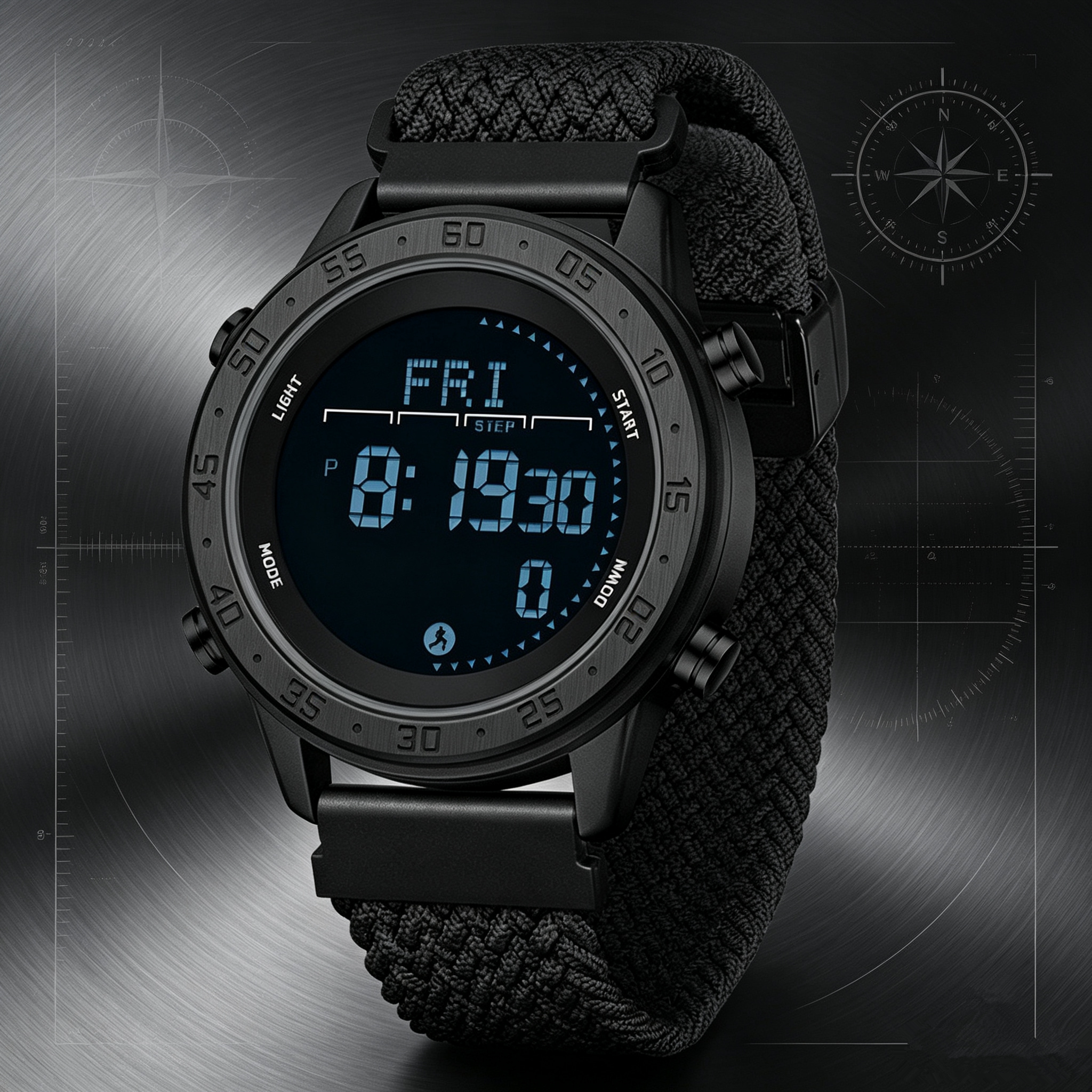 三达运动电子男士多功能夜光防水指南针登山计步尼龙当兵入伍手表