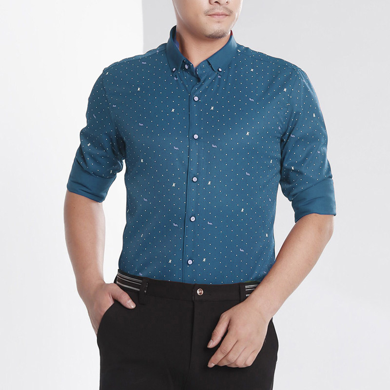 奥贝狮加绒保暖时尚中老年长袖衬衫男士秋冬新款印花加厚白休闲