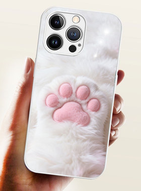 适用iphone17手机壳苹果15保护套OPPOFindx9白色毛绒毛茸可爱呆萌猫爪珍珠挂绳VIVOS50Promini一加ACE6华为70