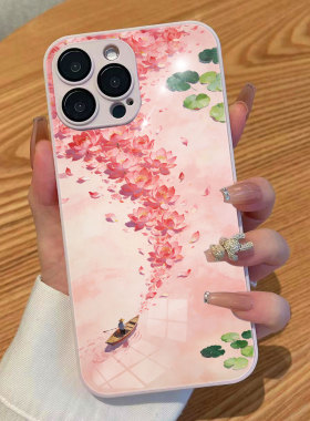 适用OPPOFindx9油画小舟渔翁荷花夏池塘华为nova15手机壳VIVOS50好运莲莲花iphone17苹果16e荣耀magic8proair