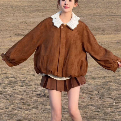 秋冬棕色麂皮花苞短外套夹克上衣