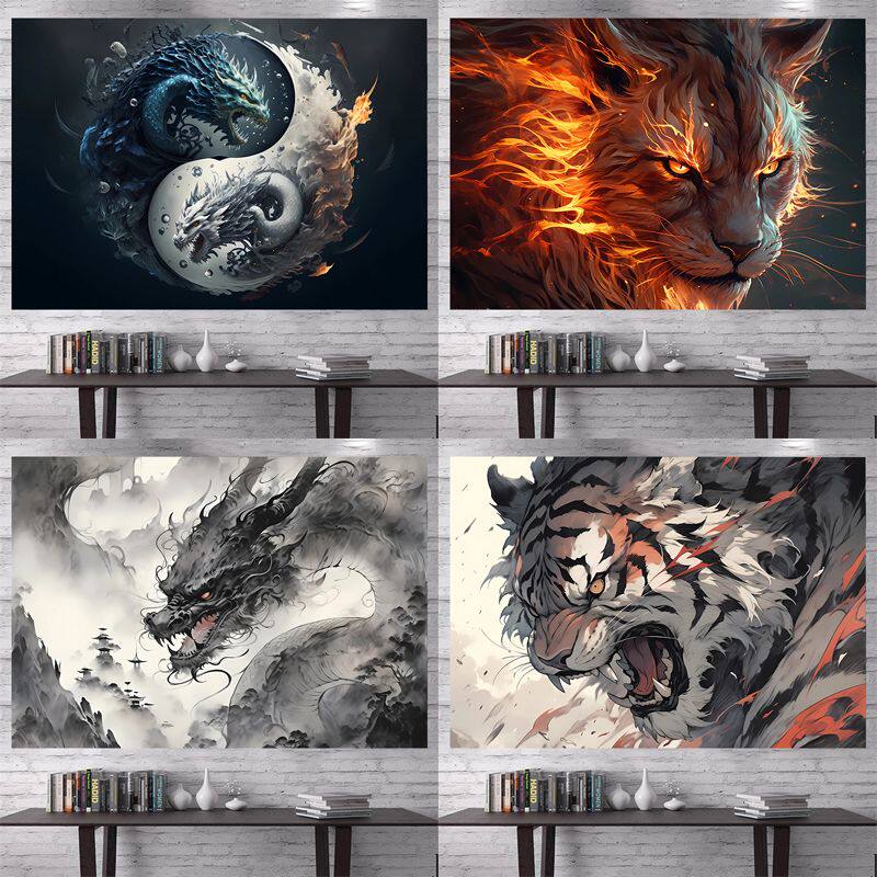 墙壁背景布老虎挂墙布网红中式太极挂布房间卧室装饰画宿舍遮丑布
