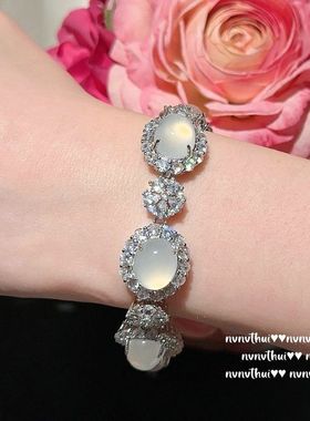 厂家批发925银镶嵌高冰种白玉髓套装玛瑙耳钉手链项链戒指四件套