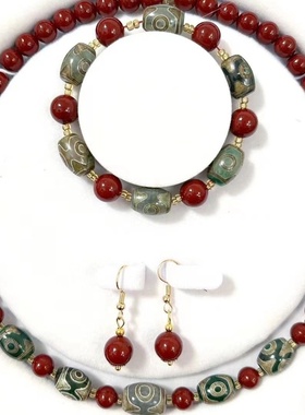 天然朱砂项链三件套贝珠手链耳环母亲节高级礼盒套装