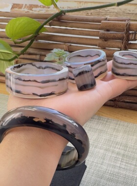 花语玉髓 天然高冰巴西老料水墨画玛瑙手镯同料5件套62mm