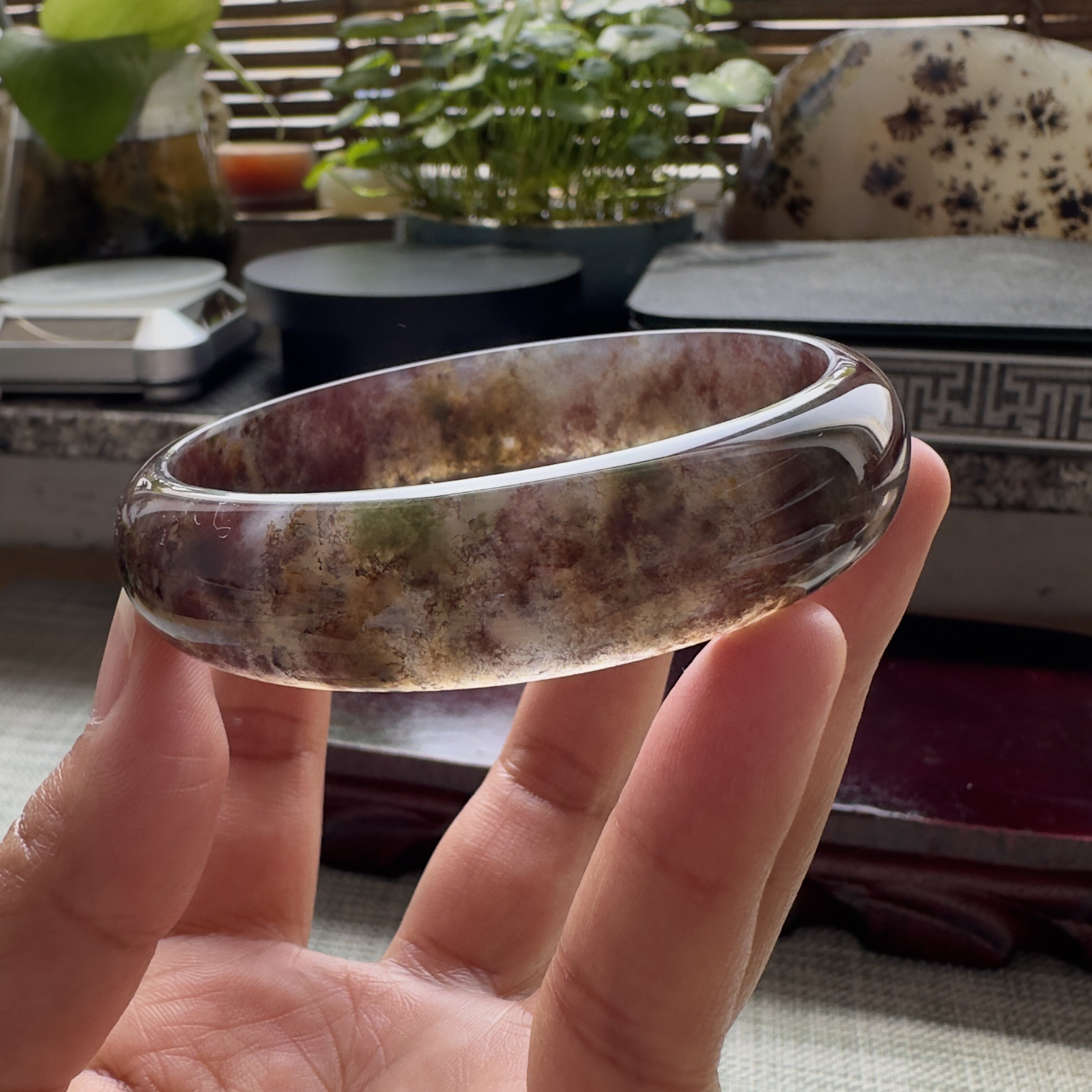 花语玉髓 天然海洋玉髓马料高冰油润多彩水草玛瑙手镯大圈口63mm