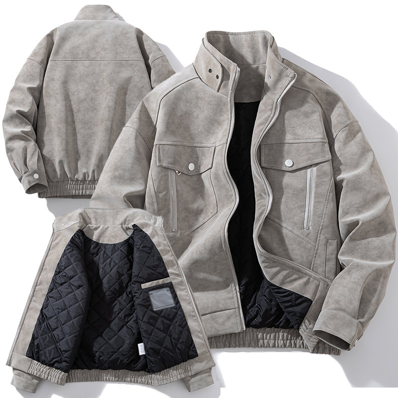 麂皮绒美式立领棒球服棉衣男秋冬季夹克棉服宽松复古皮衣加厚外套