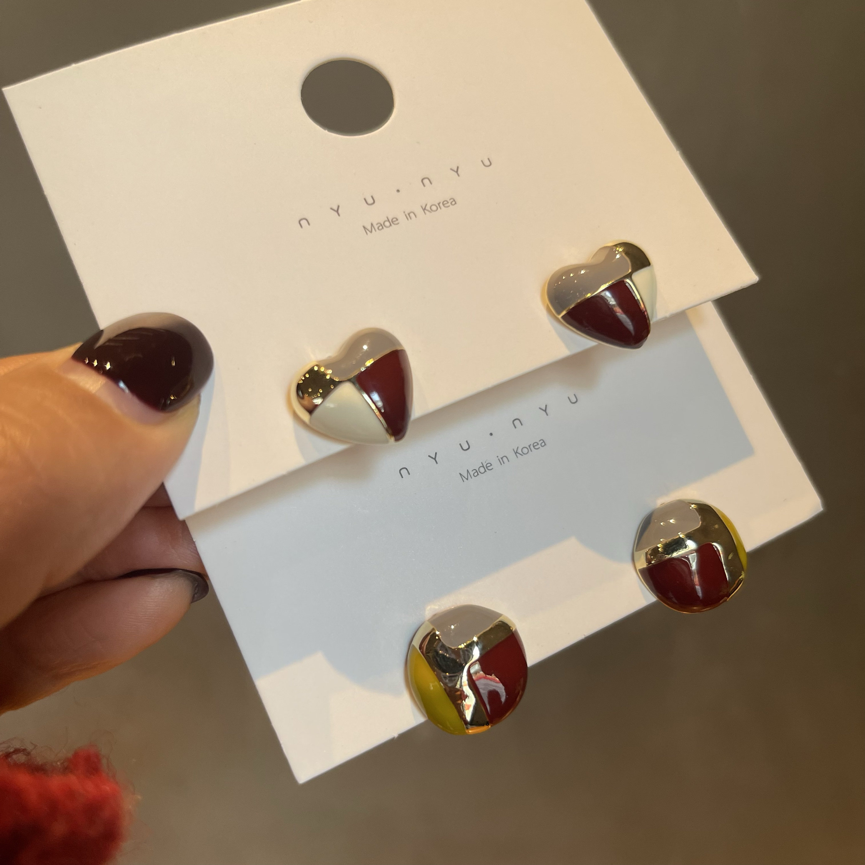 韩国东大门nyunyu新款拼色小众气质滴釉百搭爱心复古红色新年耳环,饰品/流行首饰/时尚饰品新,耳钉,淘宝优惠券,粉丝福利购,淘宝优惠卷