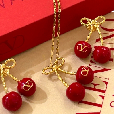 蔡依林同款杨紫早春红色车厘子樱桃耳环项链套装