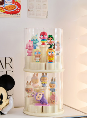 RMAX旋转盲盒收纳展示架圆形手办积木摆柜防尘泡泡玛特透明展示盒