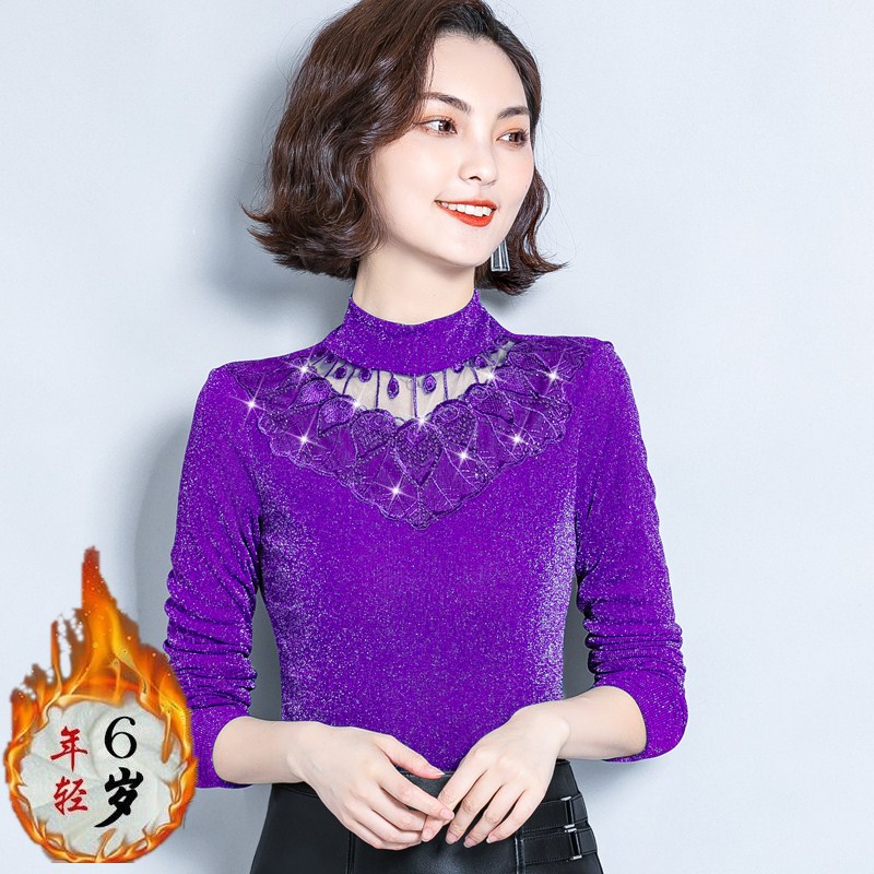 保暖内衣女士发热单件加绒上衣加厚外穿秋冬紧身半高领蕾丝打底衫
