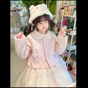 古早感Lolita甜系可爱蝴蝶结毛呢大衣秋冬新款 娃娃领外套 百搭短款