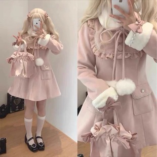 2024冬季 甜美蝴蝶结大衣拼接毛茸茸珍珠扣加棉加厚毛呢外套女 新款