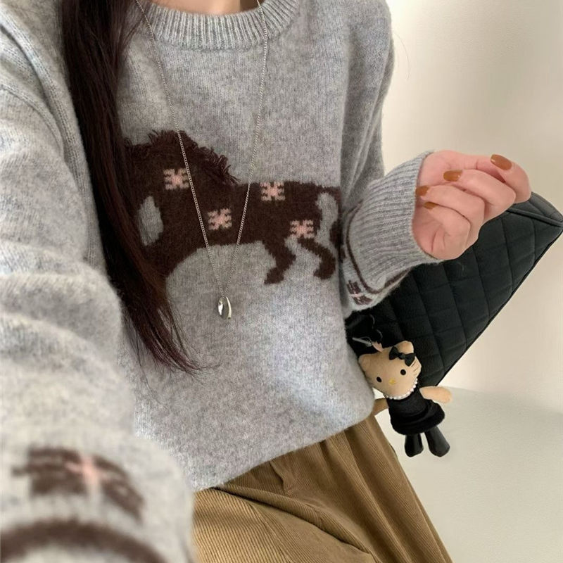 hisongsong圆领100%羊毛圣诞费尔岛卡通小马毛衣女套头针织衫灰色,女装/女士精品,毛针织衫,淘宝优惠券,粉丝福利购,淘宝优惠卷
