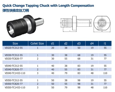 VDI刀座快换攻丝刀柄速换伸缩攻牙器DIN69880 40 VDI40-TC312-55