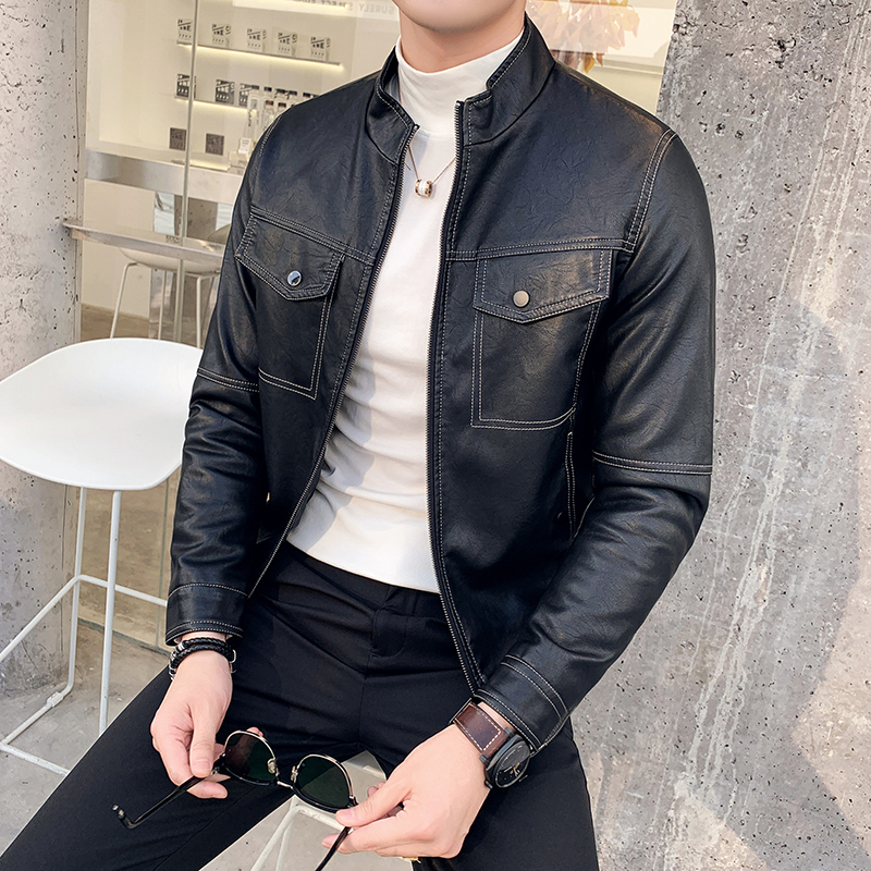 Men's leather jacket with cotton and thick jacket Men's PU leather jacket with vertical collar