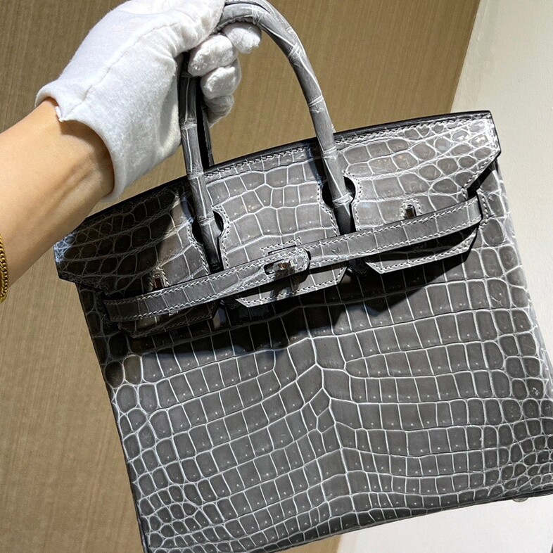 冰川灰进口高光尼罗鳄鱼皮女士手提包奢侈品女包全手工缝BK铂金25