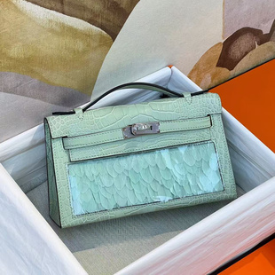薄荷绿雾面方块美洲鳄鱼皮拼孔雀羽毛mini凯莉一代女士手拿晚宴包