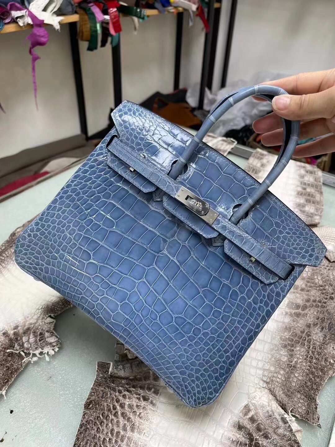 进口高光美洲鳄鱼皮肚皮铂金包25CM女士手提包气质洋气包包奢侈品