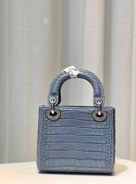 雾蓝色原厂进口美洲鳄鱼皮雾面戴妃包17Cm女士小号手提包镶钻金色