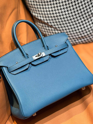 牛仔蓝TOGO牛皮普皮BK铂金包25CM女士手提包带锁手工缝制女包