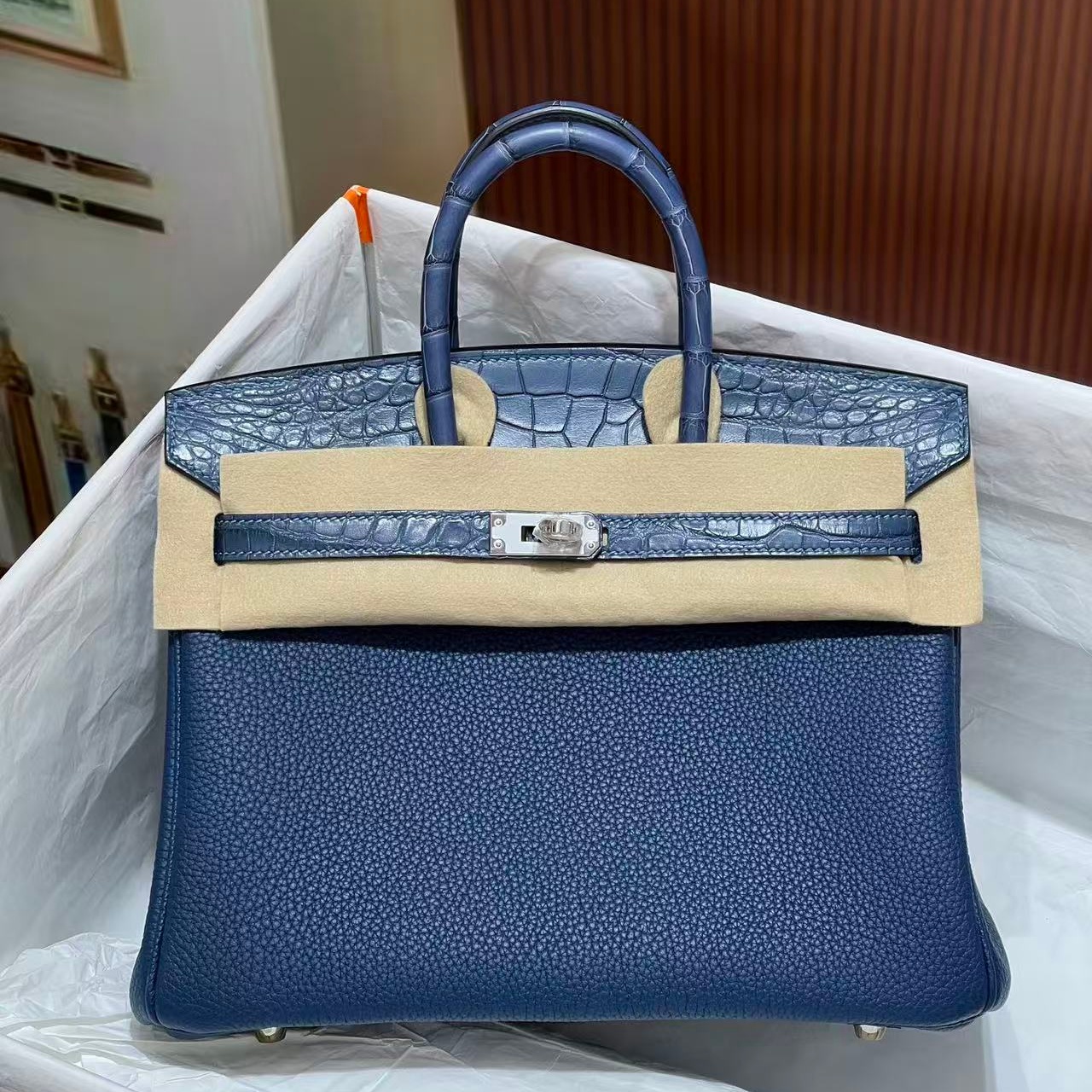 深蓝色touch25铂金包银扣全手工内缝女包带锁高端定鳄鱼皮拼togo