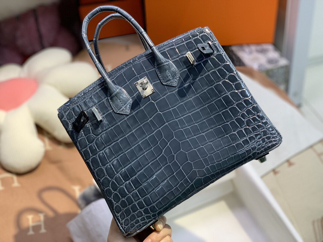 进口兴隆尼罗高光鳄鱼皮亮面肚皮bk铂金包25女士手提包真皮风暴蓝