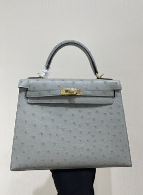 鸵鸟皮凯莉包25小号带锁皮包欧美时尚百搭真皮高档女士手提包灰蓝